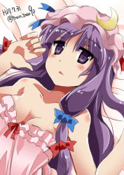 Rule 34 | 1girl, bare shoulders, blush, bow, breasts, breasts apart, crescent, crescent hair ornament, female focus, hair bow, hair ornament, hat, large breasts, lingerie, long hair, looking at viewer, lying, negligee, no bra, on back, patchouli knowledge, purple eyes, purple hair, solo, touhou, train 90, twitter username, underwear, white background