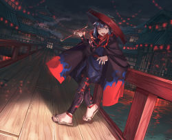 Rule 34 | 1girl, :d, architecture, bad id, bad pixiv id, black cape, blue hair, cape, east asian architecture, highres, holding, holding smoking pipe, kiseru, kohari (shichigatsu), long sleeves, looking at viewer, night, night sky, one eye closed, open mouth, original, outdoors, railing, red eyes, sandals, shichigatsu, sky, smile, smoking pipe, solo