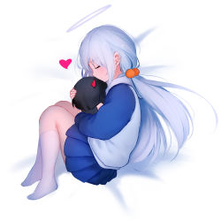 Rule 34 | 1girl, aged down, blue hoodie, character doll, closed eyes, fetal position, hair ornament, halo, heart, highres, hood, hood down, hoodie, hugging doll, hugging object, kneehighs, long hair, long sleeves, low ponytail, miniskirt, no shoes, original, pleated skirt, profile, shimmer, skirt, socks, solo, striped clothes, striped socks, white hoodie, white socks