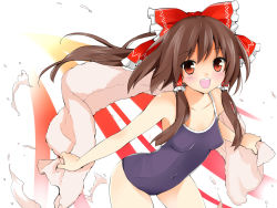 Rule 34 | 1girl, blue one-piece swimsuit, blush, bow, brown hair, collarbone, colorized, competition school swimsuit, female focus, hair bow, hair tubes, hakurei reimu, highres, kani biimu, navel, one-piece swimsuit, open mouth, phyrine, pink towel, red eyes, school swimsuit, solo, swimsuit, touhou, towel