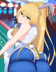 Rule 34 | 1girl, absurdres, animal ears, artoria pendragon (all), artoria pendragon (fate), artoria pendragon (swimsuit ruler) (fate), ass, bare shoulders, between buttocks, blonde hair, blue pantyhose, breasts, card, casino table, detached collar, fake animal ears, fate/grand order, fate (series), fishnets, from behind, green eyes, hair between eyes, highres, large breasts, leotard, long hair, looking at viewer, money, ozil, pantyhose, playboy bunny, ponytail, rabbit ears, sidelocks, smile, solo, thighband pantyhose, very long hair, white leotard, wrist cuffs