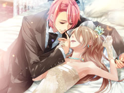 Rule 34 | 1boy, 1girl, aozora hayato, bed, black jacket, black necktie, black pants, braid, brown hair, closed mouth, couple, crown, curtains, dress, earrings, floral print, flower, formal, game cg, gloves, hair over eyes, hetero, holding, holding own hair, jacket, jewelry, long hair, long sleeves, looking at another, lying, necklace, necktie, no eyes, on back, on bed, on side, pants, parted lips, pillow, pink lips, print dress, rose, shirt, smile, starry sky (game), strapless, strapless dress, suit, veil, white dress, white gloves, white shirt, yahisa tsukiko