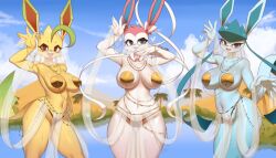Rule 34 | 3girls, belly dancer, breasts, burgerkiss, cleft of venus, creatures (company), dancer, game freak, gen 4 pokemon, gen 6 pokemon, glaceon, heart, heart-shaped pupils, jewelry, large breasts, leafeon, mouth veil, multiple girls, nintendo, pokemon, pokemon (creature), sylveon, symbol-shaped pupils, veil
