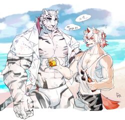 Rule 34 | 2boys, :p, abs, arknights, bara, beach, bulge, closed eyes, cup, drink, furry, furry male, highres, holding, holding cup, holding drink, horns, hung (arknights), korean commentary, korean text, looking at another, male focus, male underwear, mountain (arknights), multiple boys, mythological creature, ocean, pectorals, ppyong, shirt, single horn, sleeveless, sleeveless shirt, striped, sunglasses, tiger boy, tongue, tongue out, translation request, underwear, white shirt