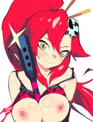 Rule 34 | 1girl, aetherion, bare shoulders, between breasts, breasts, closed mouth, gun, hair ornament, highres, large breasts, long hair, looking at viewer, nipples, red hair, simple background, sketch, skull hair ornament, smile, solo, tengen toppa gurren lagann, upper body, weapon, white background, yellow eyes, yoko littner