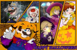 Rule 34 | 3boys, 3girls, artist request, blue eyes, can, claws, cosplay, crown, dress, earrings, evil grin, evil smile, facial hair, flower earrings, gloves, grin, halloween, halloween costume, happy halloween, hat, highres, jewelry, lolipop, luigi, mario, mario (halloween), mario (series), mario kart, mario kart tour, moon, multiple boys, multiple girls, mustache, nintendo, official alternate costume, one eye closed, orange dress, princess daisy, princess peach, princess peach (halloween), pumpkin, rosalina, rosalina (halloween), smile, smug, source request, toad (mario), wand, wink, witch, witch hat