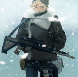 Rule 34 | 10s, 1boy, bad id, bad twitter id, beanie, belt, black hat, blonde hair, coat, covered mouth, cowboy shot, final fantasy, final fantasy xv, fur trim, hands in pockets, hat, highres, male focus, pouch, prompto argentum, scope, short hair, snow, solo, weapon, wire fence