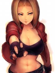 Rule 34 | 1girl, blonde hair, blue mary, breasts, cleavage, curvy, fatal fury, fingerless gloves, fumio (rsqkr), gloves, jacket, large breasts, midriff, smile, snk, solo, the king of fighters, white background