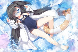 Rule 34 | 1girl, :3, :o, animal ears, bare legs, barefoot, black hair, blue eyes, cat ears, chestnut mouth, cloud, covered navel, day, feet, flat chest, glasses, hair ornament, hairclip, highres, innertube, lab coat, legs, long hair, looking at viewer, lying, name tag, on back, one-piece swimsuit, open mouth, original, parted lips, petals, red-framed eyewear, reflection, ripples, saru, school swimsuit, semi-rimless eyewear, skin tight, sky, smiley face, solo, swim ring, swimsuit, swimsuit under clothes, under-rim eyewear, very long hair, water
