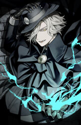 Rule 34 | 1boy, artist name, ascot, black ascot, black cloak, black gloves, black hat, black shirt, brick wall, brooch, cloak, collared shirt, colored eyelashes, commentary, cross-shaped pupils, edmond dantes (fate), electricity, electrokinesis, fangs, fate/grand order, fate (series), fedora, gloves, grey hair, hair over one eye, hand on headwear, hat, highres, jewelry, long sleeves, looking at viewer, male focus, open mouth, pale skin, shirt, short hair, smile, solo, spotlight, sumi (gfgf 045), symbol-shaped pupils, twitter username, v-shaped eyebrows, watermark, wing collar, yellow eyes