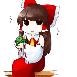 Rule 34 | bow, brown hair, eating, food, fruit, hair bow, hair tubes, hakurei reimu, juice, stained clothes, touhou, watermelon, yaise