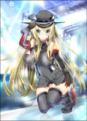 Rule 34 | 10s, 1girl, anchor symbol, bad id, bad pixiv id, bismarck (kancolle), blonde hair, blue eyes, boots, brown gloves, cross, detached sleeves, full body, gloves, grey footwear, grey thighhighs, hat, iron cross, kantai collection, kneeling, long hair, mezashi gohan, military, military uniform, panties, peaked cap, smile, solo, thighhighs, underwear, uniform