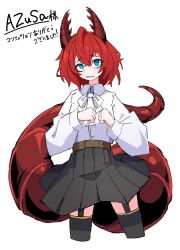 Rule 34 | 1girl, belt, black skirt, black thighhighs, blue eyes, character request, collared shirt, copyright request, demon horns, dr yamero, dragon horns, dragon tail, grin, hair between eyes, highres, horns, long sleeves, parted lips, red hair, red horns, red tail, shirt, skirt, smile, solo, suspenders, tail, thighhighs, translation request, white background, white shirt