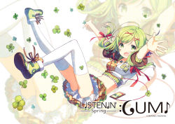 Rule 34 | 1girl, character name, clover, crop top, digital media player, fang, four-leaf clover, green eyes, green hair, gumi, h2so4, hair ornament, hairclip, headphones, headphones around neck, matching hair/eyes, midriff, navel, open mouth, shoes, short hair, skirt, smile, sneakers, solo, thighhighs, vocaloid, white thighhighs