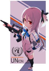Rule 34 | 1girl, absurdres, assault rifle, bad id, bad pixiv id, black bow, black ribbon, black thighhighs, bow, breasts, bullpup, closed mouth, closers, expressionless, from above, garter straps, gun, hair between eyes, hair bow, hair ribbon, hand on own hip, highres, holding, holding gun, holding weapon, j.k., long hair, long sleeves, looking at viewer, one side up, purple hair, red eyes, ribbon, rifle, sample watermark, shadow, sidelocks, small breasts, solo, thighhighs, tina (closers), trigger discipline, tsurime, uniform, watermark, weapon