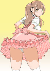 Rule 34 | 1girl, ass, bow, brown eyes, brown hair, dytm, frilled skirt, frills, gradient background, highres, lifting own clothes, long hair, looking back, original, panties, pantyshot, pink bow, pink skirt, plaid, plaid bow, short sleeves, simple background, skirt, thighhighs, twintails, underwear, white panties, yellow background