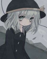 Rule 34 | 1girl, absurdres, black dress, black hat, bow, closed mouth, dress, expressionless, eyebrows hidden by hair, frilled shirt collar, frills, green eyes, hat, hat bow, hat ribbon, highres, hill, komeiji koishi, light green hair, long sleeves, looking at viewer, medium hair, muted color, outdoors, ribbon, seina (user wjcp4278), solo, third eye, touhou, upper body, wide sleeves, yellow bow, yellow ribbon