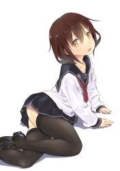Rule 34 | 10s, 1girl, ass, black thighhighs, brown eyes, brown hair, fang, hair ornament, hairclip, highres, ikazuchi (kancolle), kantai collection, loafers, long sleeves, looking at viewer, open mouth, pleated skirt, school uniform, serafuku, shoes, short hair, skirt, solo, thighhighs, wa (genryusui), zettai ryouiki