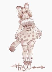 Rule 34 | 1girl, animal ears, blush, bow, bowtie, breasts, brown eyes, brown hair, closed mouth, extra ears, full body, highres, kemono friends, large breasts, looking at viewer, nyororiso (muyaa), serval (kemono friends), short hair, simple background, skirt, smile, solo, tail, thighhighs, white background, white footwear