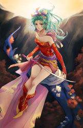 Rule 34 | 1girl, boots, breasts, cape, cleavage, detached sleeves, dress, earrings, expressionless, final fantasy, final fantasy vi, full body, green hair, high heel boots, high heels, holding, holding sword, holding weapon, jewelry, manreeree, ponytail, purple eyes, red dress, red footwear, sitting, solo, strapless, strapless dress, sword, tina branford, weapon