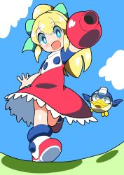 Rule 34 | 1girl, :d, arm cannon, beat (mega man), blonde hair, blue eyes, blue sky, blush, capcom, cloud, day, dress, fujishiro nekomata, high ponytail, highres, long hair, mega man (classic), mega man (series), open mouth, outdoors, outstretched arm, ponytail, red dress, red footwear, roll (mega man), running, shoes, short sleeves, sky, smile, solo, very long hair, weapon