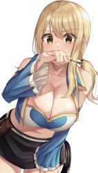 Rule 34 | 1girl, amagi korona, bare shoulders, black skirt, blonde hair, blue vest, breasts, brown eyes, cleavage, collarbone, cowboy shot, detached sleeves, fairy tail, hair between eyes, highres, holding, holding key, key, large breasts, long hair, long sleeves, looking at viewer, lucy heartfilia, midriff, miniskirt, navel, pouch, sidelocks, simple background, skirt, solo, standing, stomach, strapless, tattoo, tube top, vest, whip, white background, wide sleeves