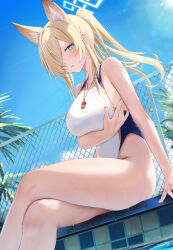 1girl animal_ear_fluff animal_ears blonde_hair blue_archive blue_eyes blue_halo blue_sky breasts cloud commentary crossed_legs day fence hair_over_one_eye halo highres kanna_(blue_archive) kanna_(swimsuit)_(blue_archive) large_breasts long_hair looking_at_viewer official_alternate_costume one-piece_swimsuit outdoors paid_reward_available ponytail pool ru_zhai sitting sky solo sun swimsuit thighs wet whistle whistle_around_neck white_one-piece_swimsuit