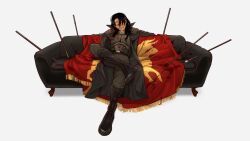 Rule 34 | 1girl, armor, black hair, blood, blood on face, boots, caesar&#039;s legion, couch, courier (fallout new vegas), crossed legs, duster, fallout: new vegas, fallout (series), flag, highres, javelin (spear), long hair, on couch, smile, solo, tanblaque, white background