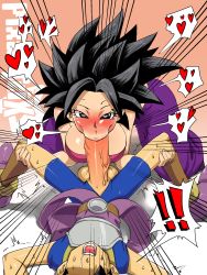 Rule 34 | !, 1boy, 1girl, :&gt;, artist name, bare shoulders, black eyes, black hair, blush, bodysuit, breasts, cabba, caulifla, dragon ball, dragon ball super, erection, fellatio, heart, heart-shaped pupils, hetero, highres, huge penis, kneeling, large breasts, looking at viewer, matching hair/eyes, nose blush, oral, penis, pixaltrix, spiked hair, spoken heart, symbol-shaped pupils, testicles, two-tone background, uncensored, white background