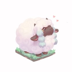 Rule 34 | :3, artist name, black eyes, closed mouth, colored sclera, commentary, creatures (company), english commentary, game freak, gen 8 pokemon, grass, heart, looking up, mootecky, nintendo, no humans, pokemon, pokemon (creature), sheep, smile, solo, standing, watermark, white background, wooloo, yellow sclera