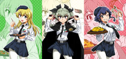 Rule 34 | 1girl, ;), anchovy (girls und panzer), anzio (emblem), anzio school uniform, belt, beret, black belt, black cape, black hair, black hat, black necktie, black ribbon, black skirt, blonde hair, braid, brown eyes, cape, carpaccio (girls und panzer), character name, chopsticks, closed mouth, commentary, cowboy shot, dated, dress shirt, drill hair, emblem, food, fork, girls und panzer, green eyes, green hair, grin, hair ribbon, halftone, happy birthday, hat, highres, holding, holding behind back, holding chopsticks, holding food, holding fork, holding towel, holding tray, italian text, long hair, long sleeves, looking at viewer, miniskirt, necktie, one eye closed, oosaka kanagawa, open mouth, outline, pantyhose, pasta, pepperoni (girls und panzer), pleated skirt, red eyes, ribbon, school uniform, sharp teeth, shirt, short hair, side braid, skirt, smile, solo, spaghetti, standing, teeth, towel, translated, tray, twin drills, twintails, v-shaped eyebrows, white outline, white pantyhose, white shirt, zoom layer
