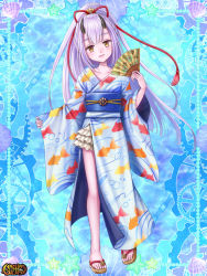 Rule 34 | 1girl, animal print, blue background, blue kimono, fish print, folding fan, full body, gears, hair ornament, hand fan, hand up, horns, japanese clothes, kerberos blade, kimono, light purple hair, long hair, looking at viewer, magia steam, sandals, solo, standing, very long hair, wide sleeves, yellow eyes