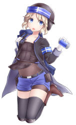 Rule 34 | 1girl, armband, backpack, bag, blonde hair, blue eyes, bodysuit, boots, can, carrying, commentary request, flag print, gloves, helmet, highres, jacket, jumping, looking at viewer, neit ni sei, open mouth, original, pocket, short hair, shorts, shoulder carry, sketch, solo, thighhighs, white background