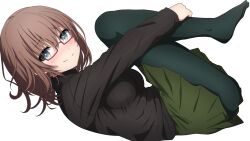 Rule 34 | 1girl, bang dream!, black shirt, blush, breasts, brown hair, closed mouth, commentary request, from side, full body, glasses, green eyes, green pantyhose, green skirt, hair between eyes, highres, hugging own legs, long sleeves, looking at viewer, looking to the side, lying, medium breasts, noshimurin, on back, pantyhose, pleated skirt, purple-framed eyewear, semi-rimless eyewear, shirt, simple background, skirt, sleeves past wrists, smile, solo, under-rim eyewear, white background, yamato maya