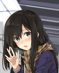 Rule 34 | 1girl, black hair, blazer, blush, brown eyes, commentary request, enpera, hair between eyes, highres, jacket, long hair, long sleeves, looking at viewer, max melon, open mouth, original, scarf, school uniform, smile, solo, upper body, waving