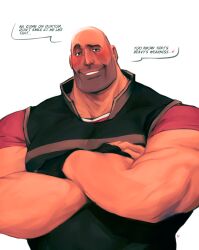 Rule 34 | 1boy, absurdres, bald, black gloves, black vest, blush, crossed arms, english text, facial hair, fingerless gloves, gloves, heavy (tf2), highres, male focus, muscular, red shirt, shirt, simple background, smile, solo, speech bubble, stubble, t-shirt, team fortress 2, vest, virtuellesterne, white background