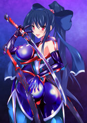 Rule 34 | 1girl, absurdres, ass, blue hair, blush, bodysuit, bow, breasts, elbow gloves, from behind, gloves, hair bow, hand on ass, highres, katana, large breasts, long hair, looking at viewer, looking back, naughty face, ninja, nipples, original, ponytail, red eyes, see-through, shiny clothes, shiny skin, smile, solo, spandex, sword, very long hair, weapon, yui77