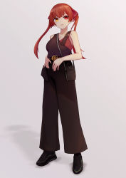 Rule 34 | 1girl, alternate costume, bag, black footwear, black pants, black tank top, breasts, casual, closed mouth, commentary, cross-laced footwear, expressionless, fmg, full body, grey background, hair ribbon, handbag, heterochromia, highres, hololive, houshou marine, lips, looking at viewer, medium breasts, nike (company), pants, red eyes, red hair, red tank top, ribbon, shadow, shoes, short hair with long locks, simple background, sleeveless, sneakers, solo, standing, tank top, twintails, virtual youtuber, yellow eyes