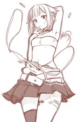 Rule 34 | 1girl, arm up, arm warmers, armpits, bandeau, belt, blunt bangs, blush, cevio, closed mouth, cowboy shot, greyscale, hair flaps, hand to own mouth, hand up, long hair, looking at viewer, monochrome, one (cevio), pleated skirt, ryuusei (ryuuseiseikou), simple background, single thighhigh, sketch, skirt, solo, sweatdrop, thighhighs, wardrobe malfunction, yagi (ningen), zipper