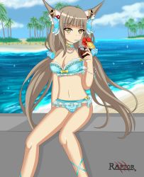 Rule 34 | 1girl, absurdres, animal ears, beach, bikini, blue bikini, blush, breasts, cleavage, cloud, cloudy sky, collar, cup, day, flower, grey hair, hair ornament, highres, holding, holding cup, large breasts, long hair, looking at viewer, navel, nia (blade) (xenoblade), nia (xenoblade), nintendo, niyah, ocean, aged up, palm tree, raptorthekiller, ribbon, sitting, sky, solo, spoilers, swimsuit, tree, very long hair, xenoblade chronicles (series), xenoblade chronicles 2, yellow eyes
