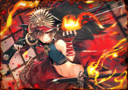 Rule 34 | 1boy, bandages, bare shoulders, black gloves, black hair, clenched teeth, crop top, fate/grand order, fate (series), fingerless gloves, fire, gloves, gun, hair between eyes, hands up, hat, highres, long hair, looking at viewer, male focus, military hat, navel, oda kippoushi (fate), oda nobunaga (fate), one eye covered, over shoulder, red eyes, sidelocks, sleeveless, smile, solo, standing, sword, teddy (khanshin), teeth, upper body, weapon, weapon over shoulder