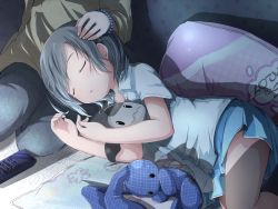 Rule 34 | 1girl, akino coto, bad id, bad pixiv id, bracelet, child, closed eyes, controller, grey hair, hand on another&#039;s head, highres, jewelry, lying, on side, original, pillow, remote control, skirt, sleeping, stuffed animal, stuffed rabbit, stuffed toy
