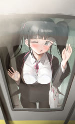 Rule 34 | 1girl, against glass, bag, black eyes, black hair, black jacket, black pantyhose, black skirt, blunt bangs, blush, breast press, breasts, breasts on glass, chikan, collared shirt, commission, crowd, dress shirt, formal, from outside, glass, glasses, hand on glass, handbag, highres, jacket, large breasts, long hair, long sleeves, miniskirt, office lady, one eye closed, open clothes, open jacket, open mouth, original, pantyhose, pink ribbon, ribbon, round eyewear, shirt, skirt, skirt suit, solo focus, standing, suit, train interior, twin (tt lsh), twintails, very long hair, white shirt, wince, window