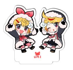 Rule 34 | 1boy, 1girl, acrylic stand, arms up, black footwear, black gloves, black shorts, black skirt, blonde hair, blue coat, blue eyes, blush, boots, bow, chibi, coat, commentary, fur-trimmed coat, fur-trimmed sleeves, fur trim, gloves, hair bow, highres, kagamine len, kagamine rin, long sleeves, necktie, one eye closed, open mouth, red bow, red necktie, shorts, simple background, skirt, smile, socks, striped clothes, striped socks, taro14 tea, vocaloid, white background, yuki len, yuki len (2022), yuki rin, yuki rin (2022)