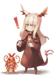 Rule 34 | !, 1girl, absurdres, animal, animal ears, animal request, blunt bangs, closed mouth, clothed animal, colored skin, highres, long hair, long sleeves, okame nin, original, robe, simple background, standing, sweatdrop, tail, thick eyebrows, white background, white hair, white skin, wide-eyed