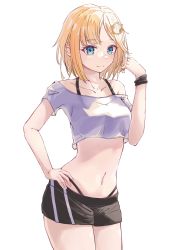 Rule 34 | 1girl, bare shoulders, blonde hair, blue eyes, breasts, casual, collarbone, hair ornament, highres, hololive, hololive english, holomyth, looking at viewer, medium breasts, navel, shironekokfp, short hair, simple background, smile, solo, virtual youtuber, watson amelia, white background