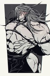 Rule 34 | 1boy, abs, arms behind back, ass, bara, bdsm, between pectorals, blush, bondage, bound, fate/grand order, fate (series), gagged, hair over one eye, hakama, hakama pants, hip vent, japanese clothes, large pectorals, long hair, male focus, men cho, muscular, muscular male, nipples, pants, pectoral squeeze, pectorals, saliva, sexually suggestive, solo, spiked hair, spot color, stomach, tanaka shinbei (fate), topless male, underbust