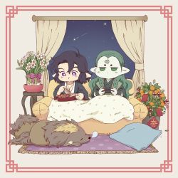 Rule 34 | 2boys, black hair, bright pupils, couch, curtains, daffodil, diting (the legend of luoxiaohei), eating, flower, flower pot, food, fruit, green eyes, green hair, highres, horns, lanxi zhen, mokyau030, multiple boys, orange (fruit), pillow, plant, pointy ears, potted plant, purple eyes, rug, shooting star, single horn, luo xiaohei zhanji, white flower, white pupils, window, xuan li (the legend of luoxiaohei)