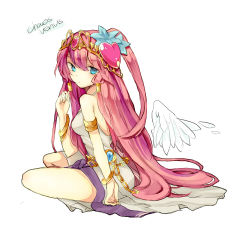 Rule 34 | 1girl, armlet, blue eyes, bracelet, chain, dress, hair tubes, hairband, headdress, heart, hiharo, jewelry, long hair, looking at viewer, lots of jewelry, pink hair, puzzle &amp; dragons, sitting, solo, venus (p&amp;d), very long hair, white dress, wings