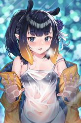 Rule 34 | 1girl, absurdres, black bra, black hair, blue eyes, blush, bra, bra visible through clothes, breasts, flower, glass, hair behind ear, hair flower, hair ornament, highres, hololive, hololive english, libratul, mole, mole under eye, ninomae ina&#039;nis, open mouth, pointy ears, purple flower, see-through, shirt, small breasts, solo, tank top, tentacle hair, underwear, violet (ninomae ina&#039;nis), virtual youtuber, wet, wet clothes, wet shirt, white tank top